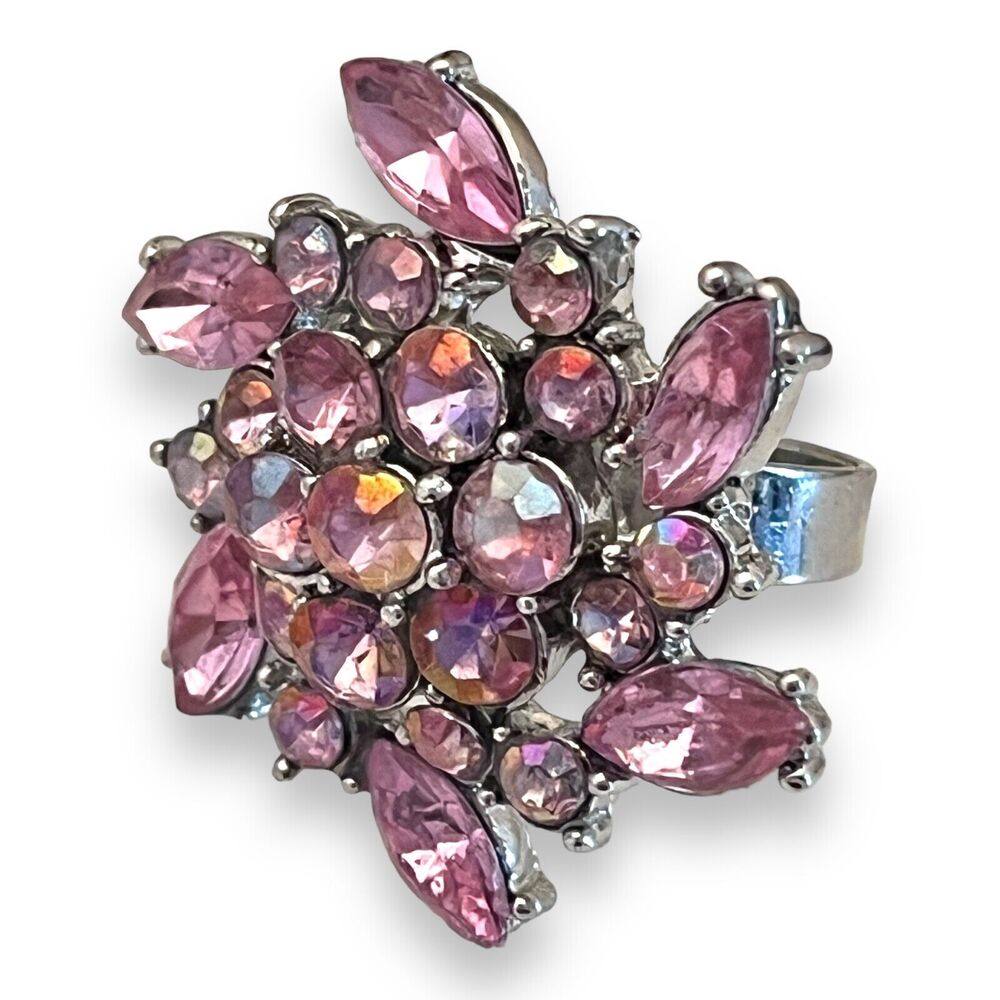 New Cluster Ring Silver Tone Pink Stones Adjustable - 2T